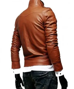 Men’s Slim Fit Tan Button Front Brown Leather Jacket2