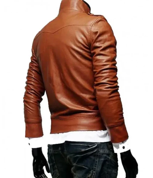 Men’s Slim Fit Tan Button Front Brown Leather Jacket2