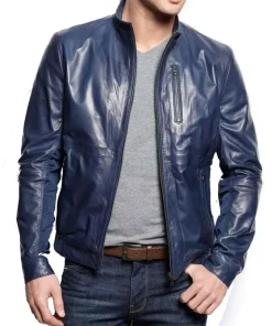 Men’s Stand Collar Casual Navy Blue Leather Jacket