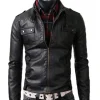 Men’s Strap Collar Casual Slim Fit Black Leather Jacket