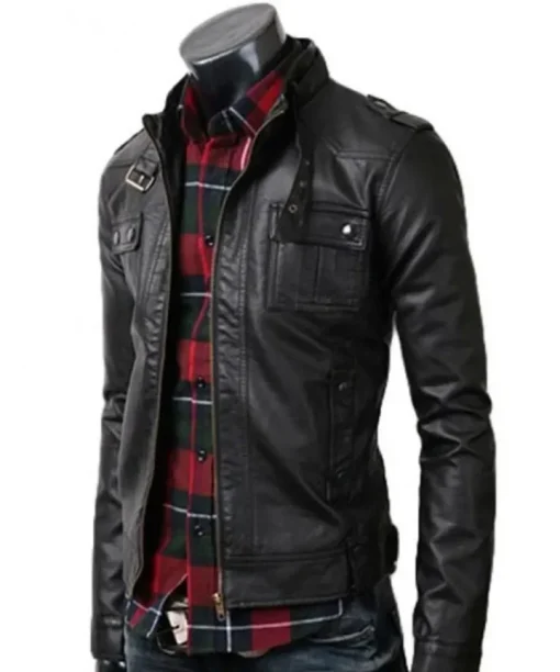 Men’s Strap Collar Casual Slim Fit Black Leather Jacket1