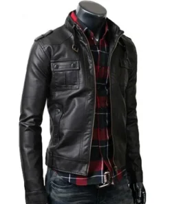 Men’s Strap Collar Casual Slim Fit Black Leather Jacket2
