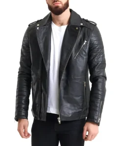 Ribbed Sleeve Real Leather Jacket