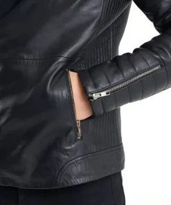 Ribbed Sleeve Real Leather Jacket2