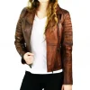 Women Cafe Racer Distressed Brown Slim Fit Moto Biker Leather Jacket