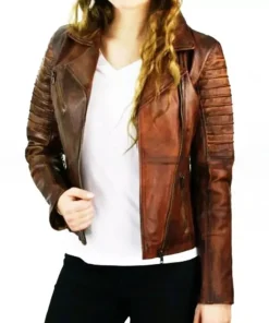 Women Cafe Racer Distressed Brown Slim Fit Moto Biker Leather Jacket