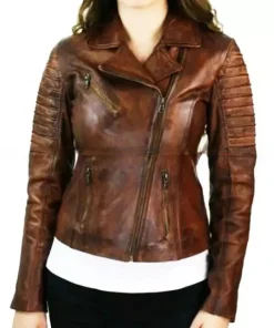 Women Cafe Racer Distressed Brown Slim Fit Moto Biker Leather Jacket2