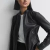 Women’s Black Genuine Leather Jacket with Banded Collar