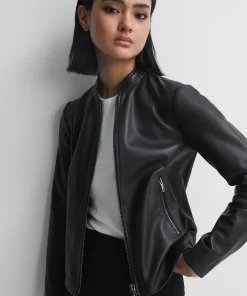 Women’s Black Genuine Leather Jacket with Banded Collar