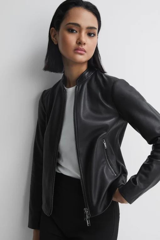 Women’s Black Genuine Leather Jacket with Banded Collar
