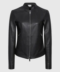 Women’s Black Genuine Leather Jacket with Banded Collar1