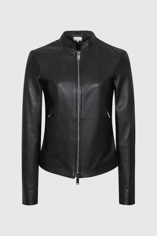 Women’s Black Genuine Leather Jacket with Banded Collar1