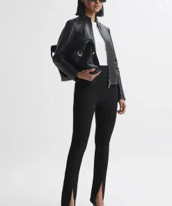 Women’s Black Genuine Leather Jacket with Banded Collar2