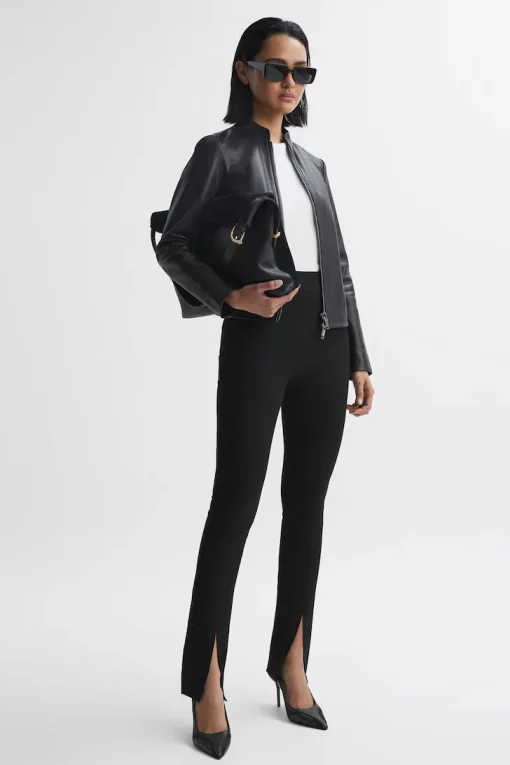 Women’s Black Genuine Leather Jacket with Banded Collar2