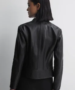 Women’s Black Genuine Leather Jacket with Banded Collar3