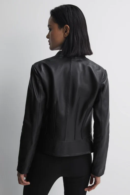 Women’s Black Genuine Leather Jacket with Banded Collar3
