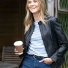 Women’s Classic Black Leather Jacket with Stylish Banded Collar