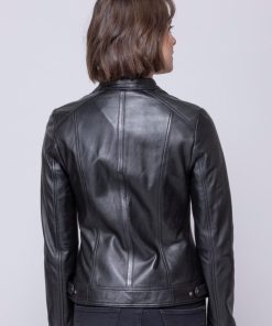 Women’s Classic Black Leather Jacket with Stylish Banded Collar3