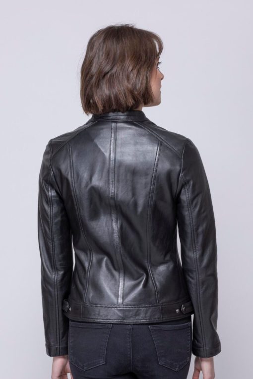 Women’s Classic Black Leather Jacket with Stylish Banded Collar3