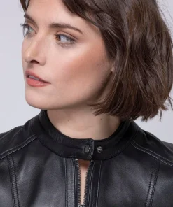 Women’s Classic Black Leather Jacket with Stylish Banded Collar6