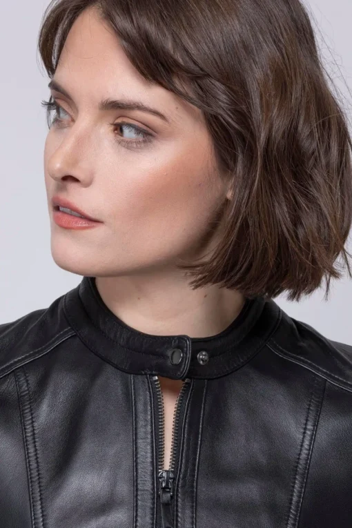 Women’s Classic Black Leather Jacket with Stylish Banded Collar6