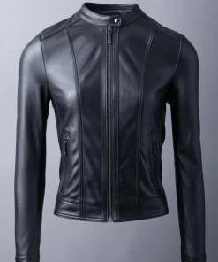 Women’s Classic Black Leather Jacket with Stylish Banded Collar7