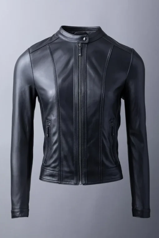 Women’s Classic Black Leather Jacket with Stylish Banded Collar7