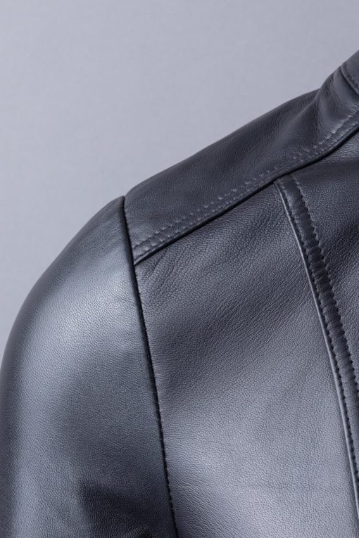Women’s Classic Black Leather Jacket with Stylish Banded Collar9