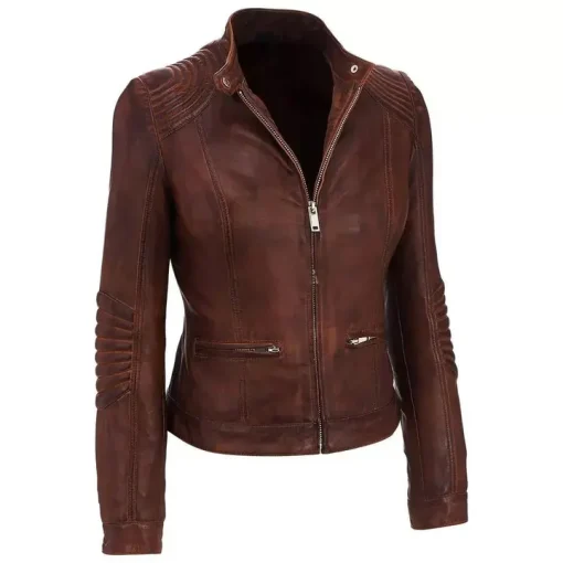Women's Latest Cafe Racer Moto Biker Distressed Brown Vintage Real Leather Jacket