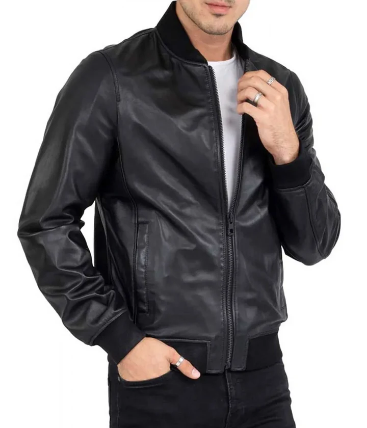 mens black leather bomber jacket scaled 720x