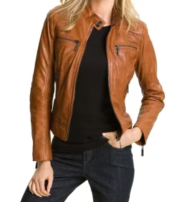 New Women Ladies Biker Brown Genuine Real Leather Jacket